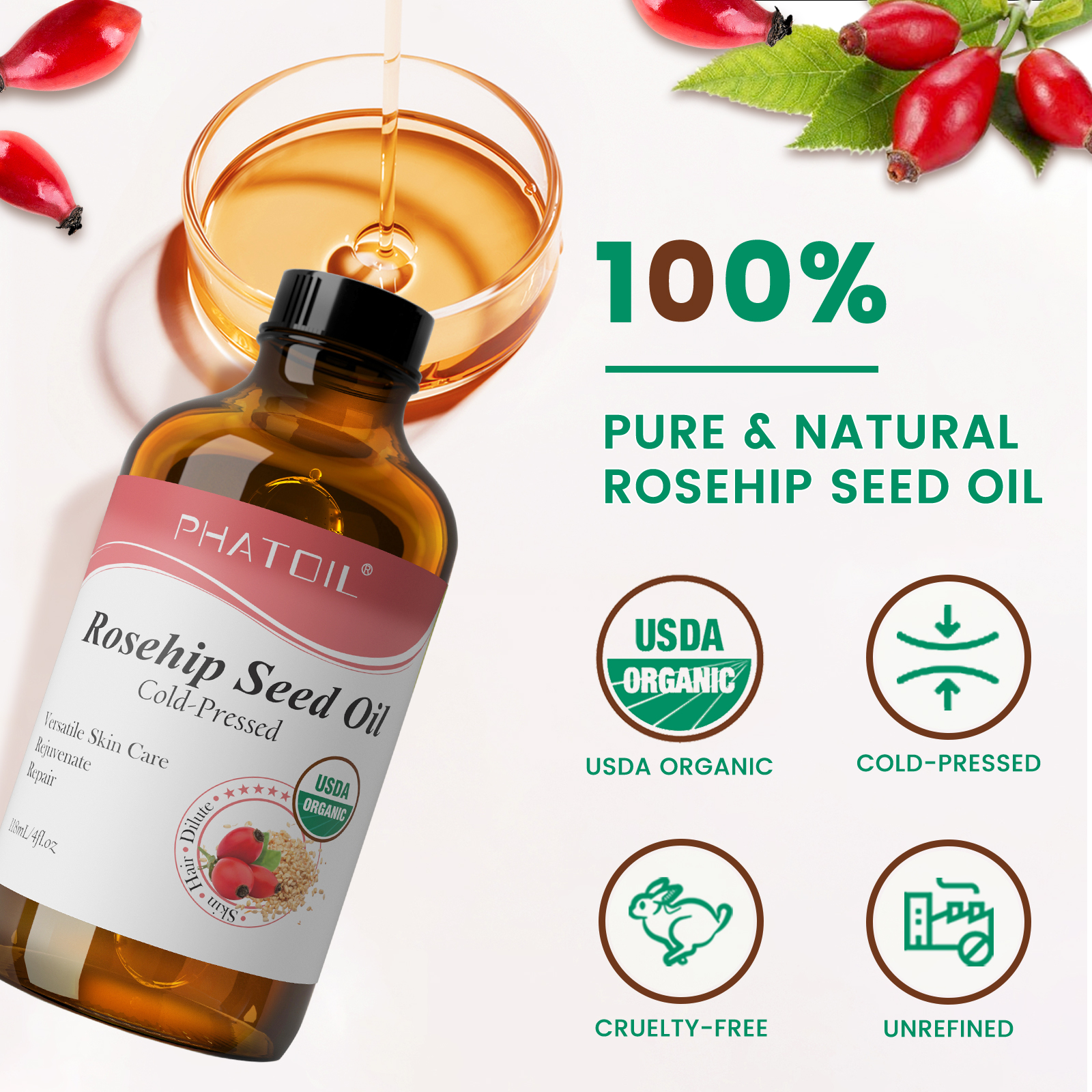 PHATOIL 118ml Organic Face Oil - Cold Pressed Rose Hip のレビューと価格